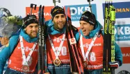Vainqueurs de l'Individuel d'Östersund mercredi 4 décembre, Martin Fourcade (au centre), Simon Desthieux (à gauche) et Quentin Fillon-Maillet (à droite), seront alignés sur le relais ce samedi avec Émilien Jacquelin.
