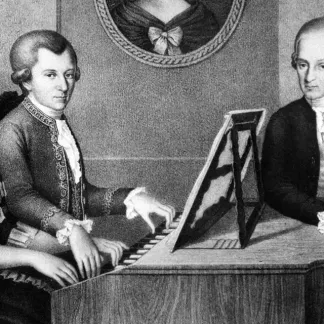 Gravure représentant Mozart au clavecin, entre sa sœur et son père Leopold.