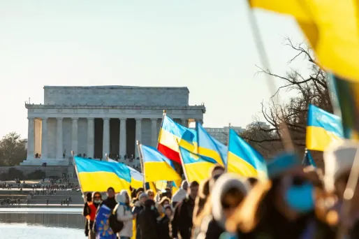 Des manifestants américains arborent des drapeaux en soutien avec l'Ukraine, le 20 février 2022.