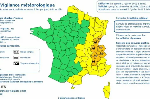 Sept départements de l'est du pays ont été placés en vigilance orange par Météo France, samedi.