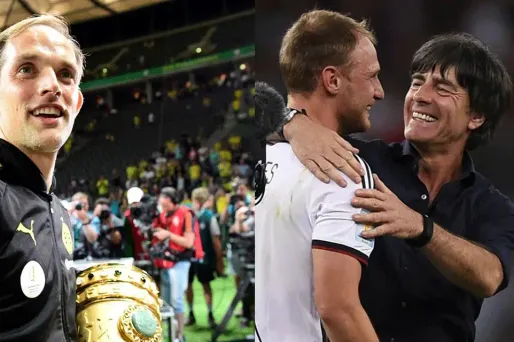 Thomas Tuchel, vainqueur de la Coupe d'Allemagne 2017 à gauche, et Joachim Löw, lors de la victoire au Mondial 2014, à droite.