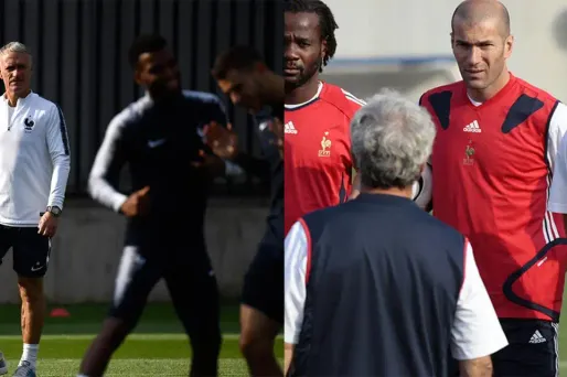 A gauche, Didier Deschamps avant la finale de la Coupe du monde 2018, à droite Raymond Domenech avec Zinédine Zidane avant celle de 2006.