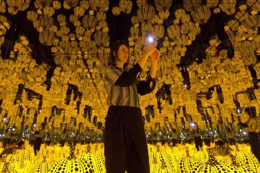 L'exposition présente des cucurbitacées jaunes à points noirs disposés au sol. Pendant 30 secondes, les visiteurs peuvent s'enfermer dans des espaces encadrés de miroirs pour y prendre une photo.