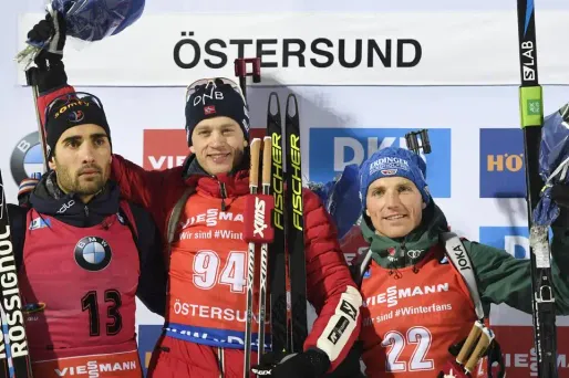 Boe (au centre), auteur d'une faute au tir, a signé le 9e succès de sa carrière, ne précédant Fourcade que de 0,7 seconde.