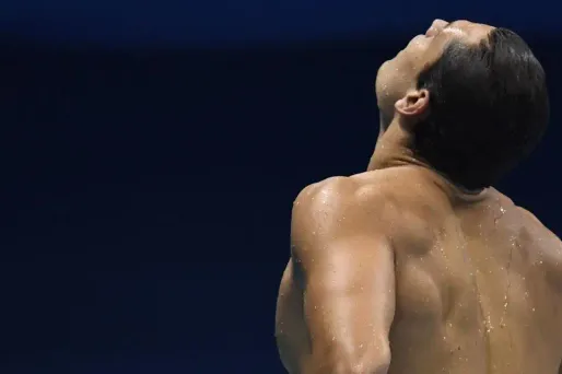 La déception de Florent Manaudou à l'arrivée du 50 m nage libre.