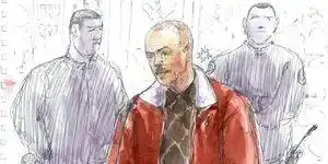 Un dessin représentant Tony Meilhon lors de son procès en première instance.