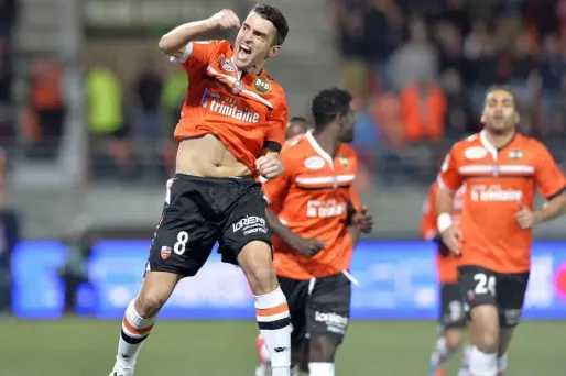 La joie du Lorientais Yoann Jouffre lors de son but contre Guingamp samedi soir.