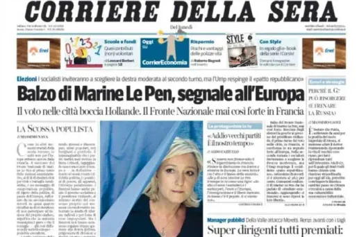 Marine Le Pen à la Une du Corriere della sera italien au lendemain du premier tour des municipales
