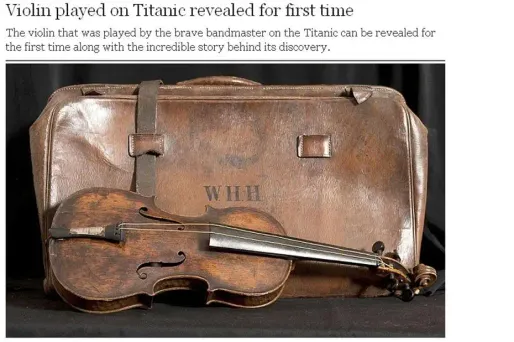 Le violon et son étui avec les initiales de Wallace Henry Hartley, le chef d'orchestre du Titanic.