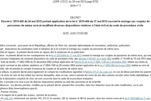 Mariage homo : le décret publié au JO