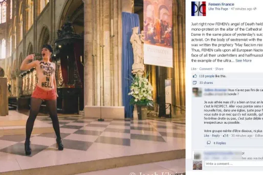Une Femen avec un faux pistolet à Notre-Dame