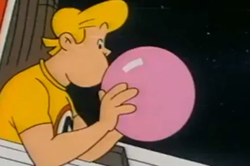 Malabar faisant une bulle de chewing-gum pour vaincre des monstres de l'espace, dans un spot des années 80.