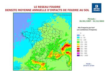 Carte des départements les plus touchés par les impacts de foudre.