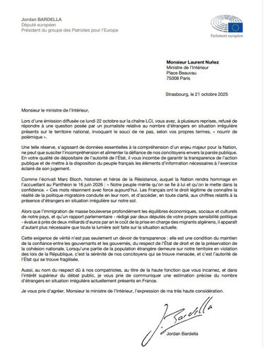 La lettre de Jordan Bardella à Laurent Nunez