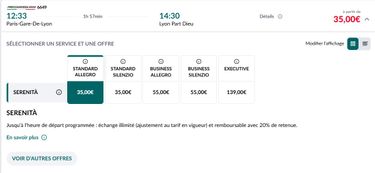 L'offre Executive d'un train Trenitalia entre Paris et Lyon, le vendredi 9 janvier 2026 à 12h33.
